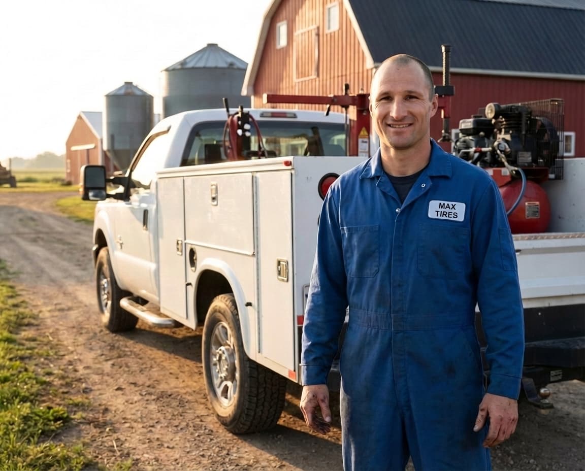 Max with mobile tire service truck at a farm